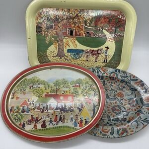 3 Vintage Tin Trays American Folk Art Platters | Nevco | Sunshine Biscuits Inc.
